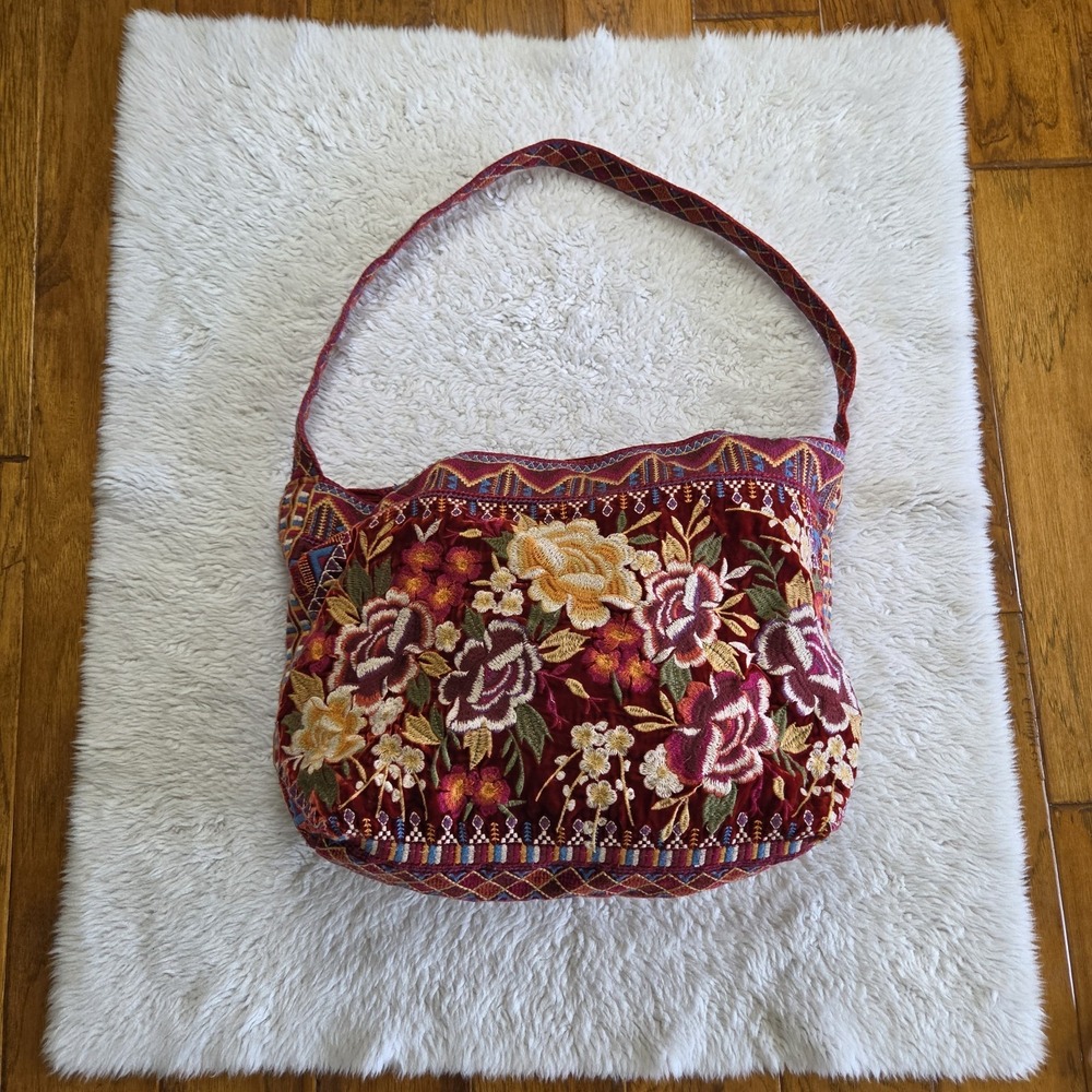 Johnny Was Othilia Embroidered Velvet Tote Bag Floral Handbag Purse Silk Rayon - Picture 2 of 11